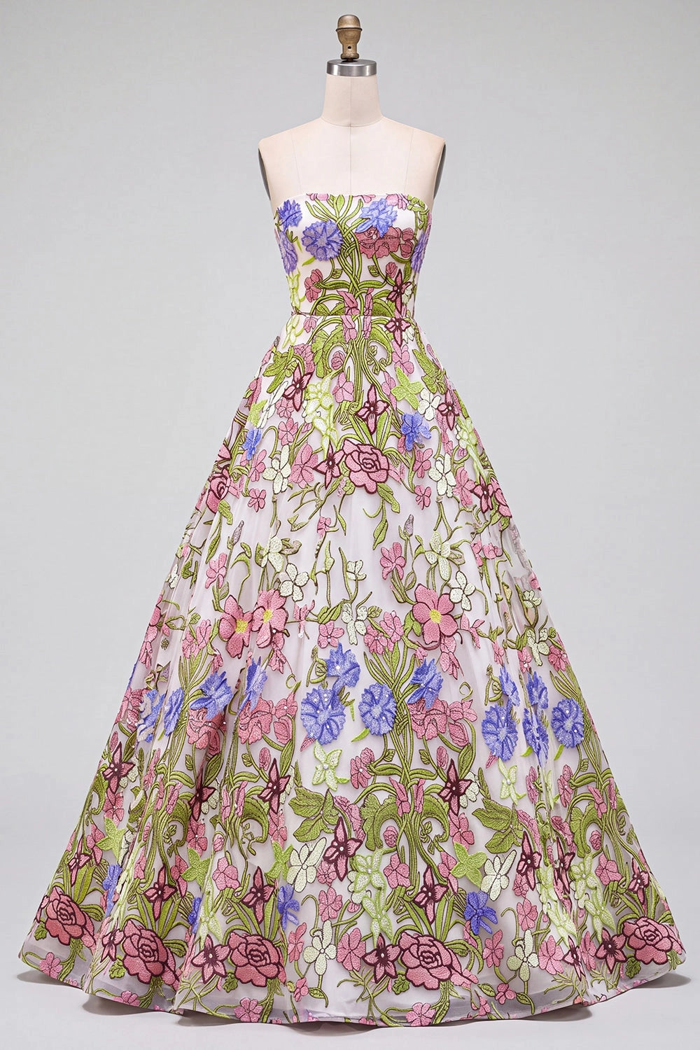 Romantic Floral A-Line Straight Across Strapless Lace Up Back Floor Length Prom Dress