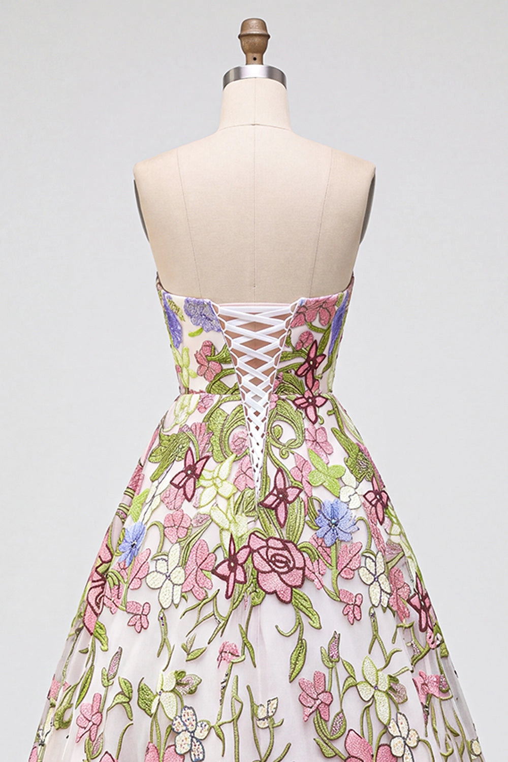 Romantic Floral A-Line Straight Across Strapless Lace Up Back Floor Length Prom Dress