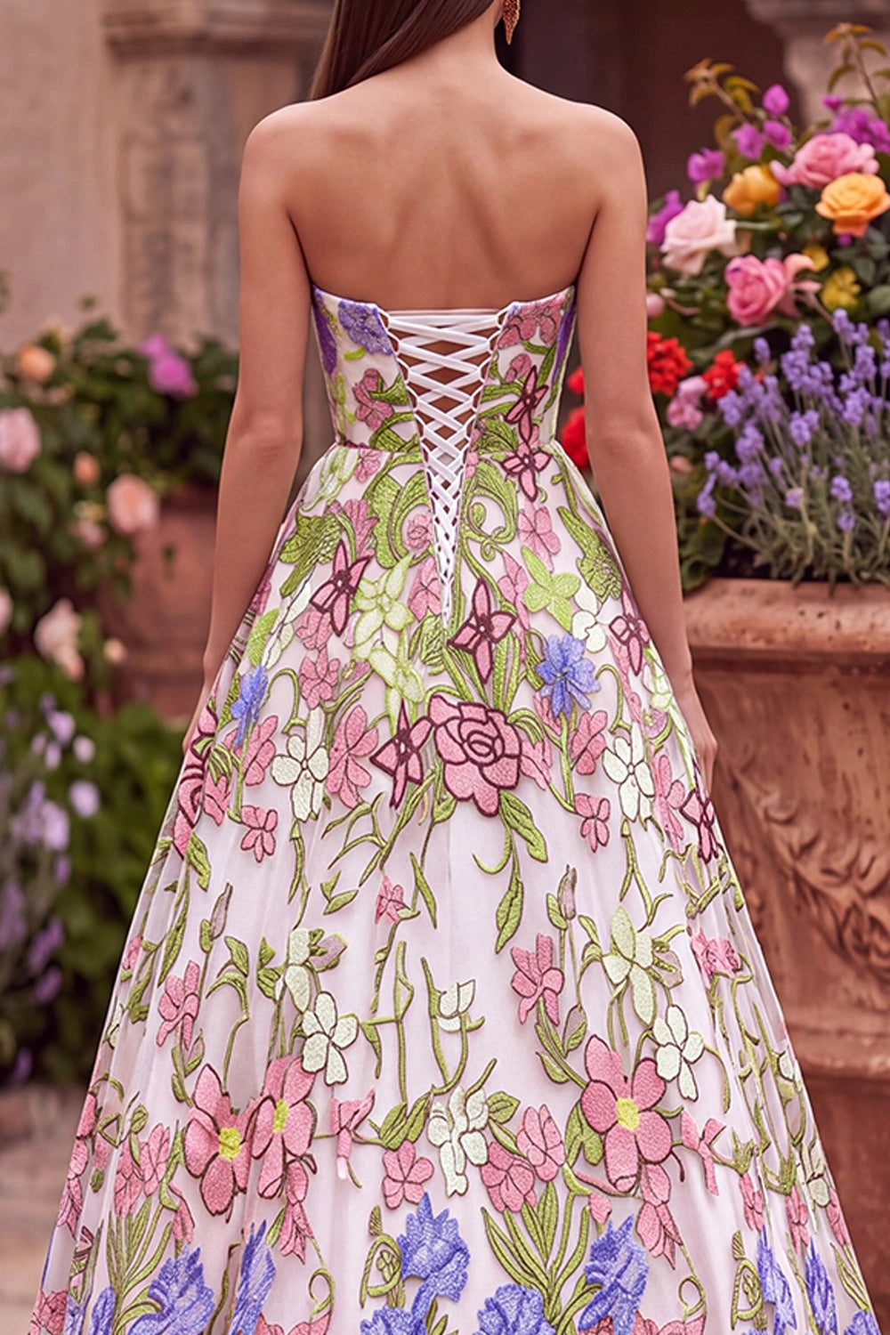 Romantic Floral A-Line Straight Across Strapless Lace Up Back Floor Length Prom Dress