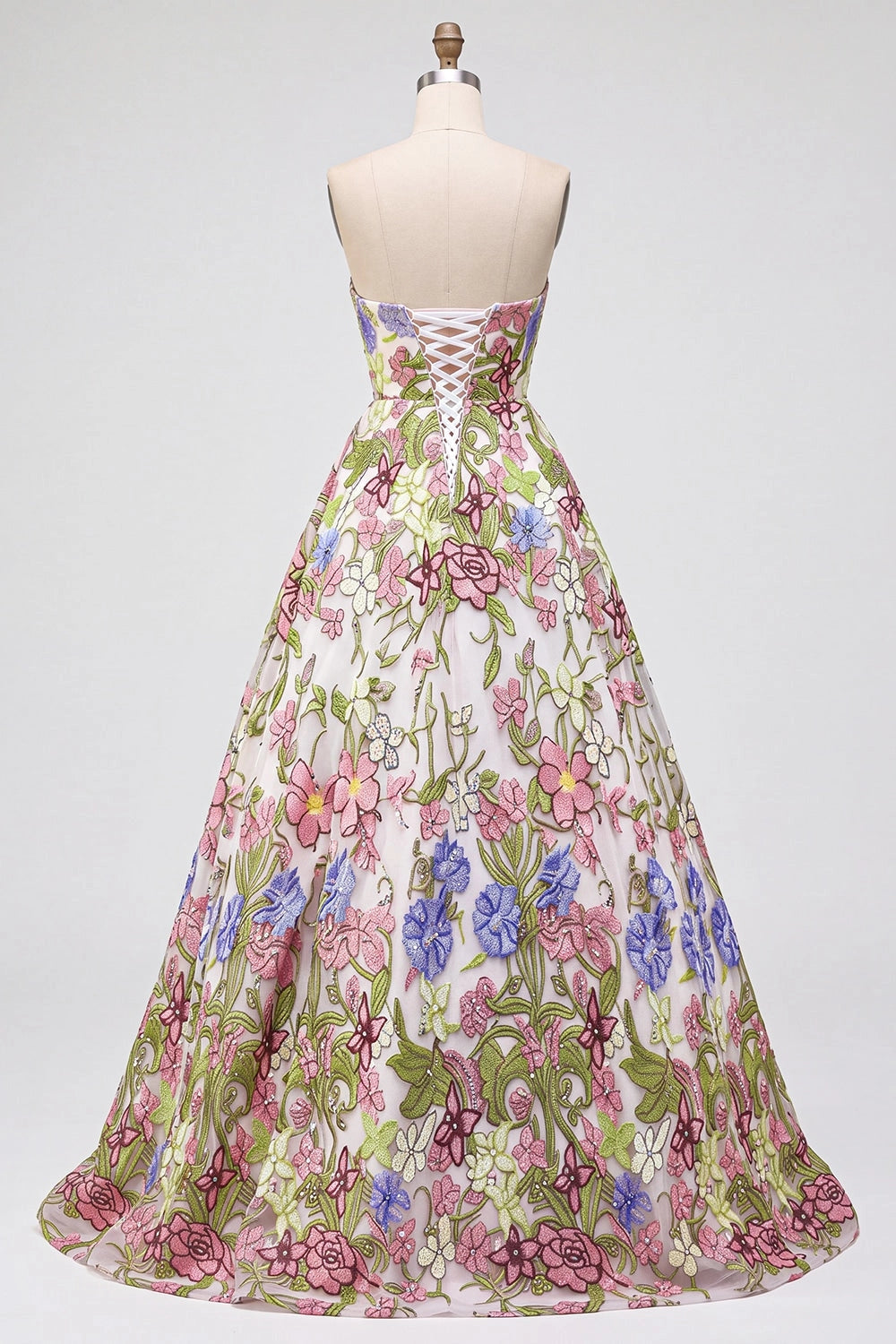 Romantic Floral A-Line Straight Across Strapless Lace Up Back Floor Length Prom Dress