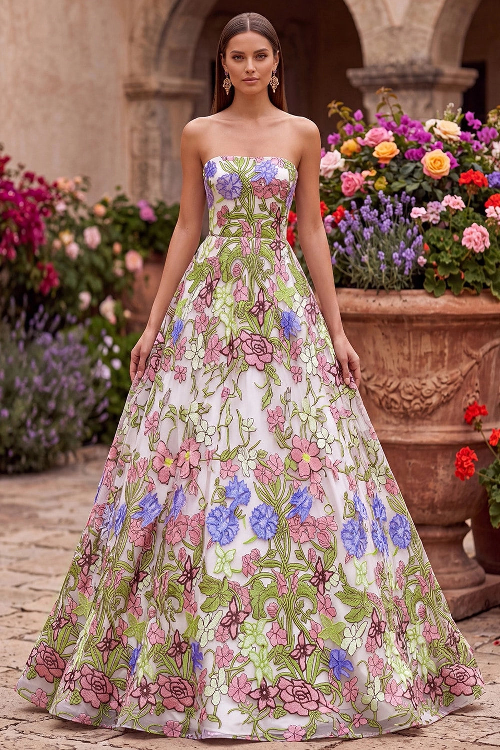 Loverlm floral embroidered A-line prom dress with colorful botanical flowers, strapless straight across neckline, fitted bodice and floor length full skirt front view