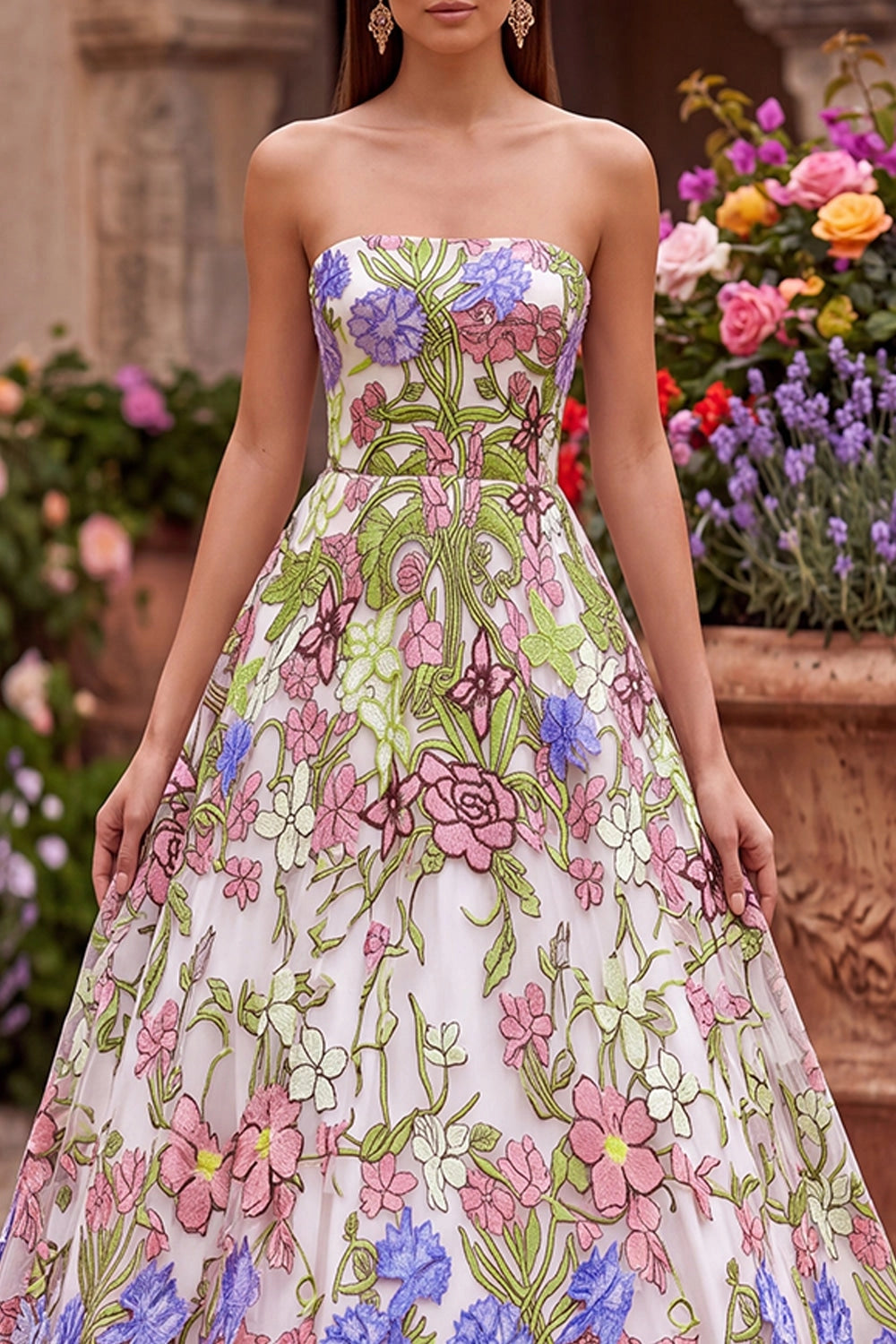 Romantic Floral A-Line Straight Across Strapless Lace Up Back Floor Length Prom Dress