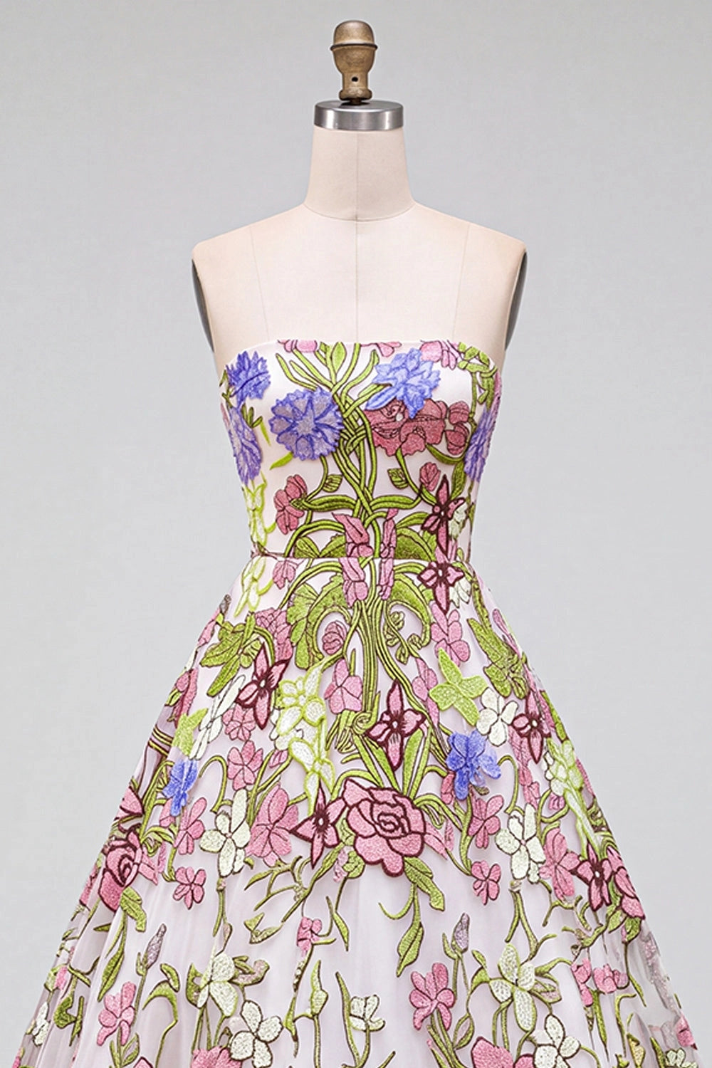 Romantic Floral A-Line Straight Across Strapless Lace Up Back Floor Length Prom Dress
