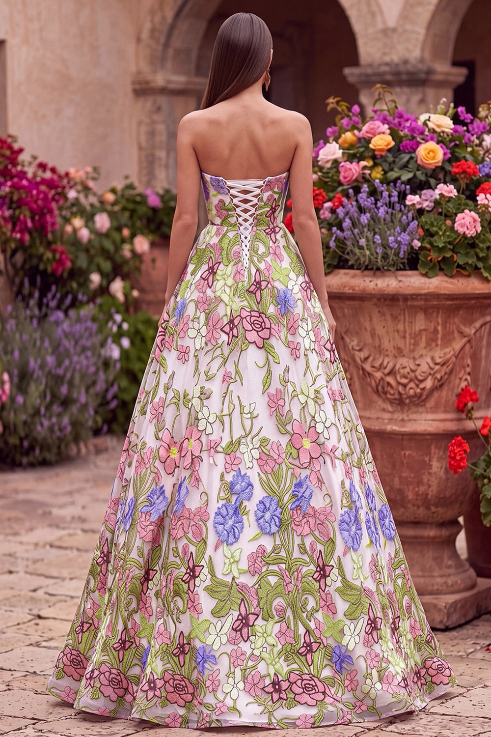 Romantic Floral A-Line Straight Across Strapless Lace Up Back Floor Length Prom Dress