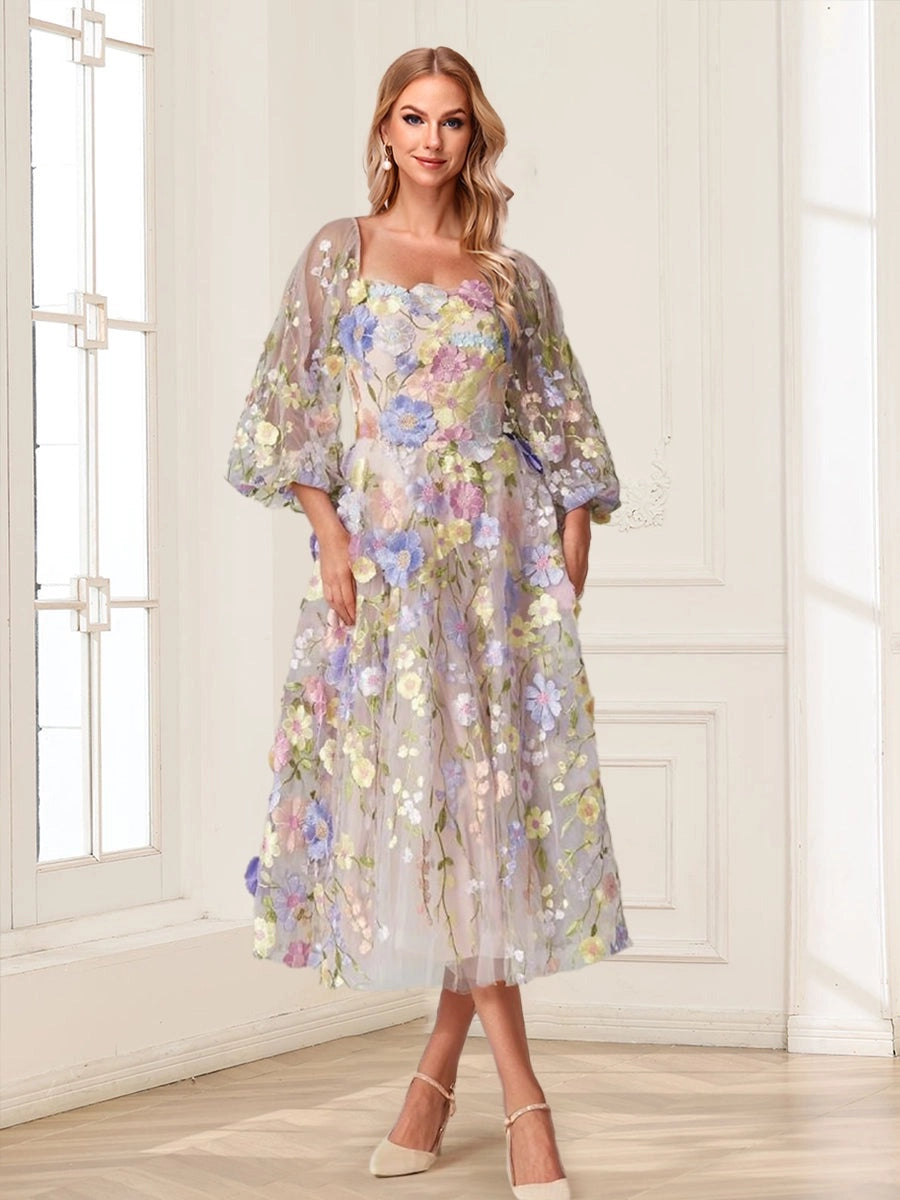 Loverlm pastel floral A-line wedding guest dress with square neck and sheer 3/4 puff sleeves