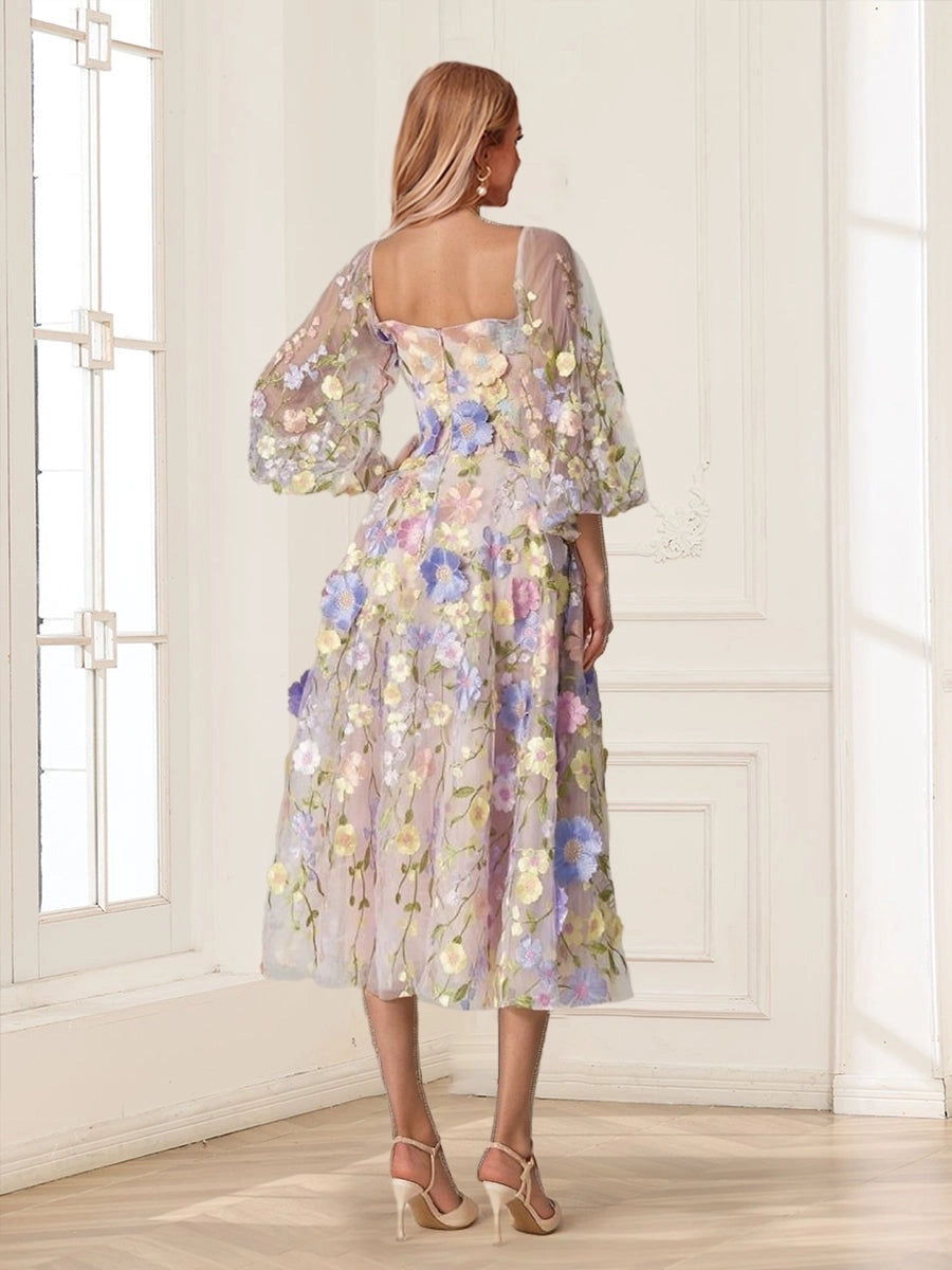 Romantic A Line Square Neck 3/4 Puff Sleeve Square Back Floral Tea Length Wedding Guest Dress