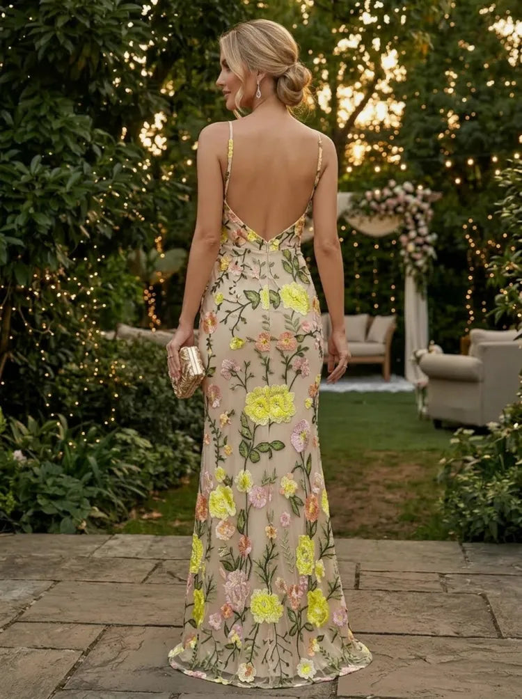 Romantic Sheath V-Neck Sleeveless Embroidered Tulle Floor-Length Wedding Guest Dress