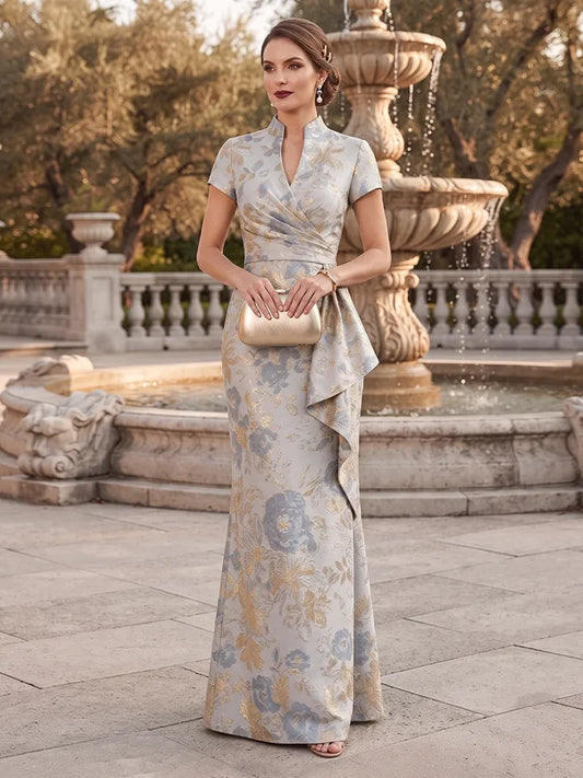 Loverlm champagne silver floral Mother of the Bride dress with mandarin collar, short sleeves, ruched crossover bodice and side drape