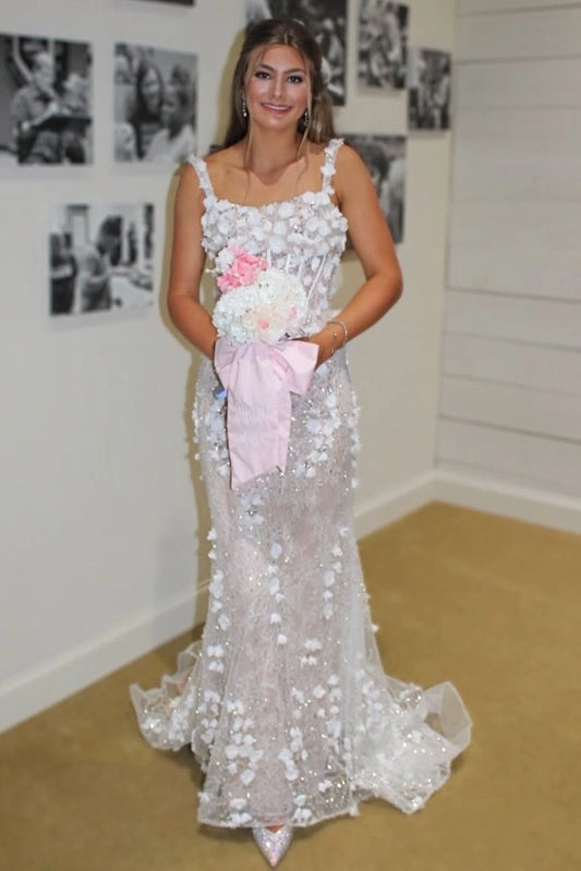 Loverlm white floral embellished mermaid evening dress with square neckline and floor length sweep train