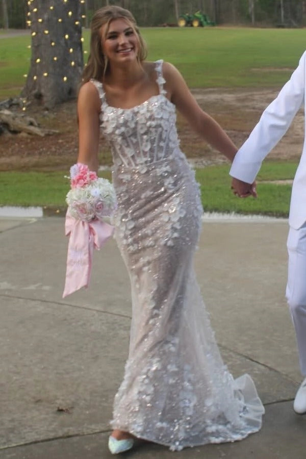 Elegant Mermaid Square Neck Sleeveless Low Back Sweep Train Floor Length Evening Dress