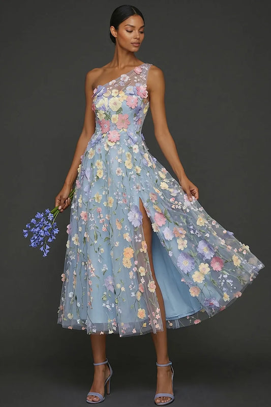 Loverlm light blue one-shoulder tea-length wedding guest dress with pastel floral appliqués and front slit