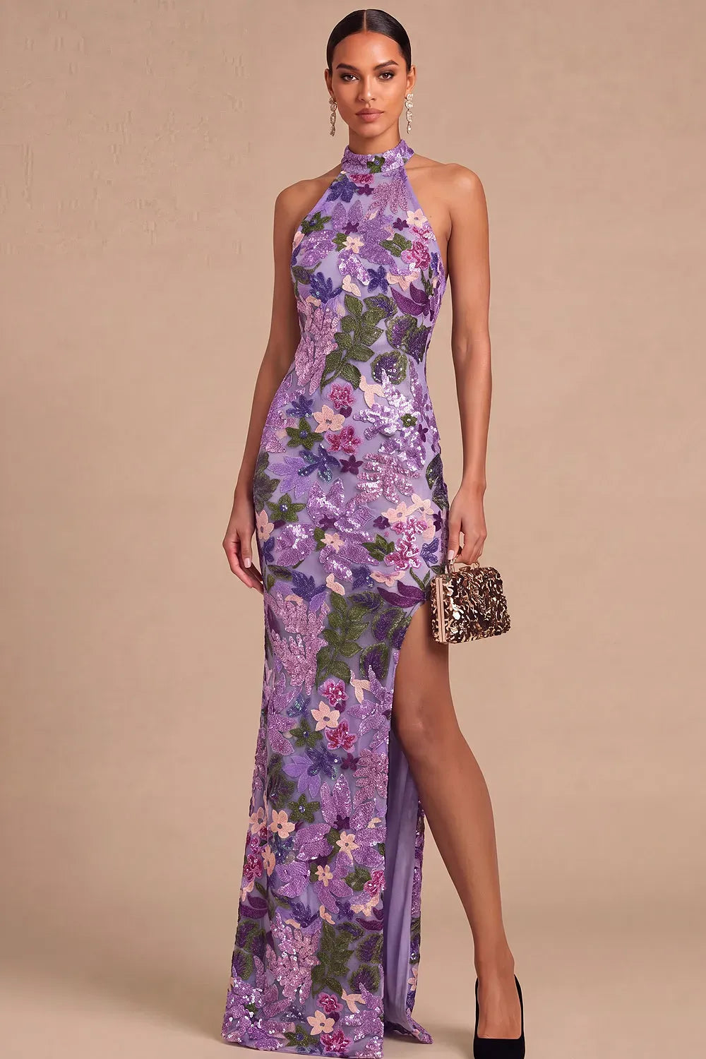 Glamorous Sheath Halter Sleeveless Open Back Floor Length Evening Dress