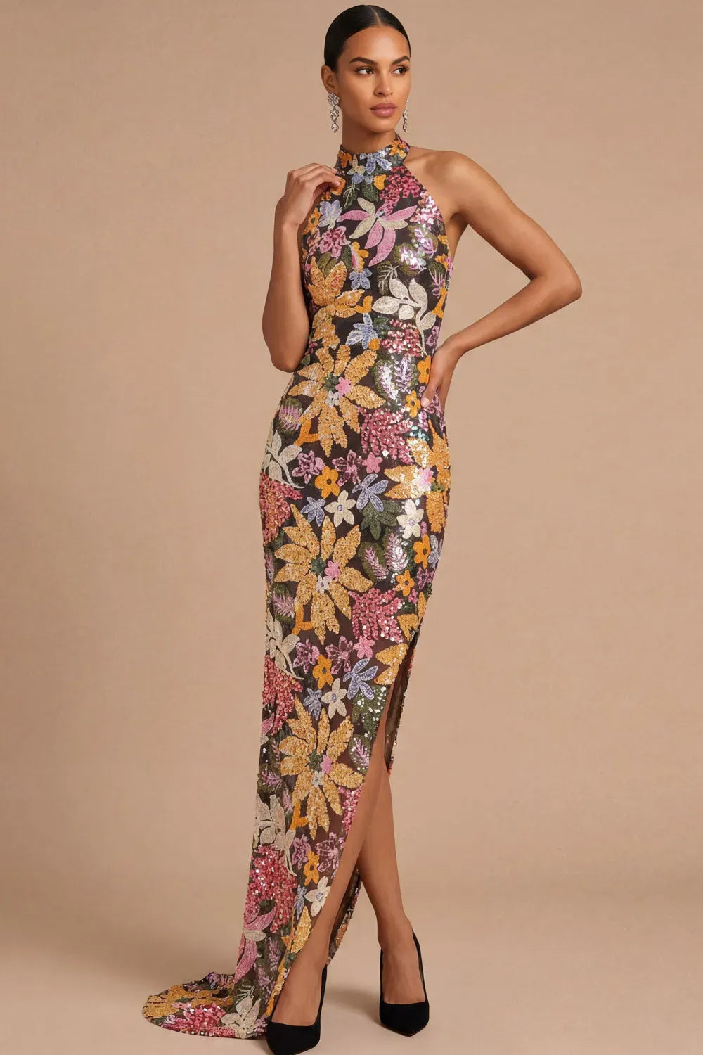 Loverlm black floral sequin evening dress with multicolored embellishments, high halter neckline, fitted sheath silhouette and thigh-high slit