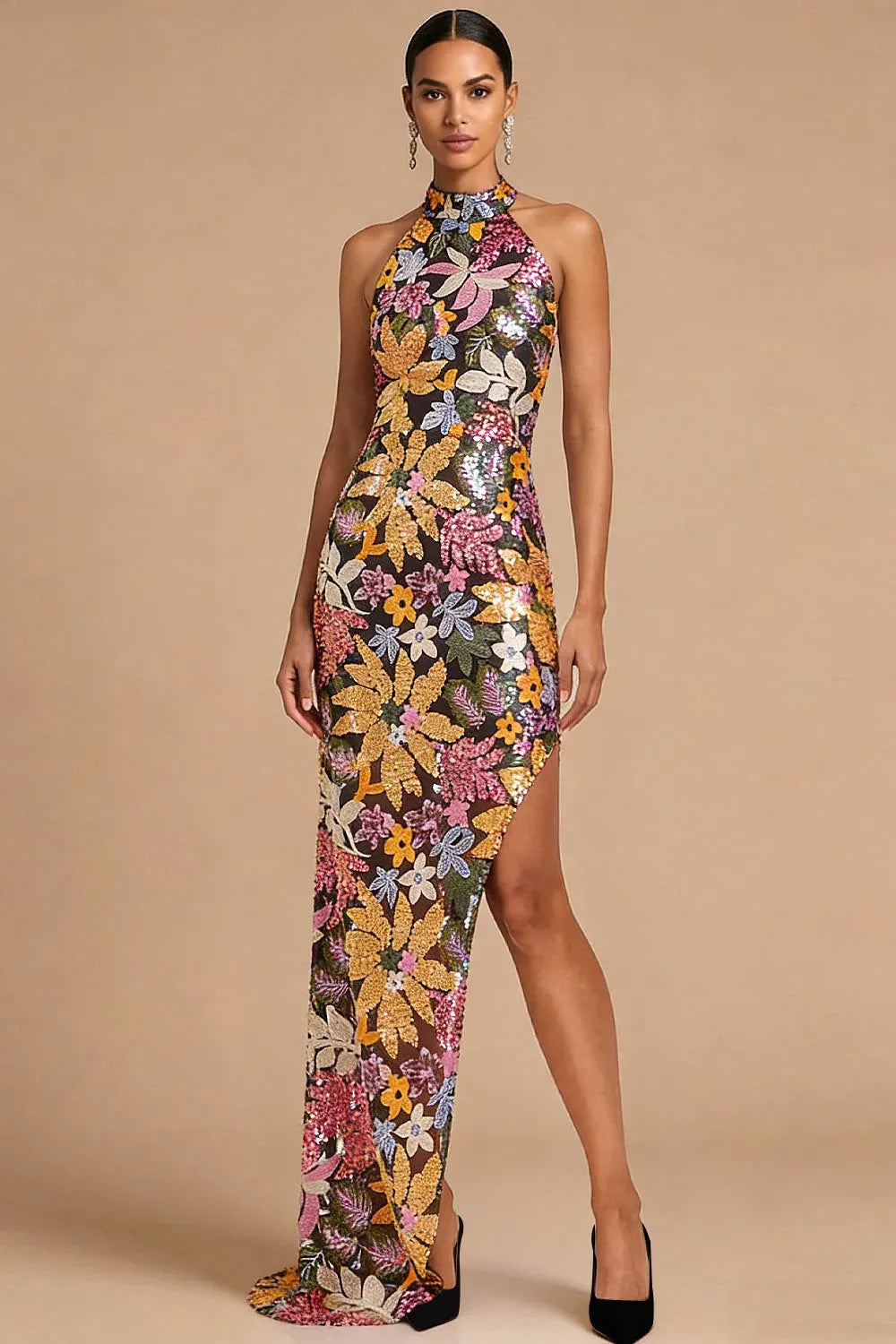 Glamorous Sheath Halter Sleeveless Open Back Floor Length Evening Dress