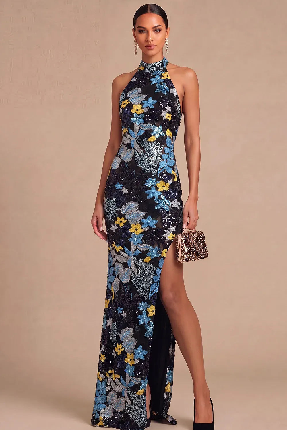 Glamorous Sheath Halter Sleeveless Open Back Floor Length Evening Dress
