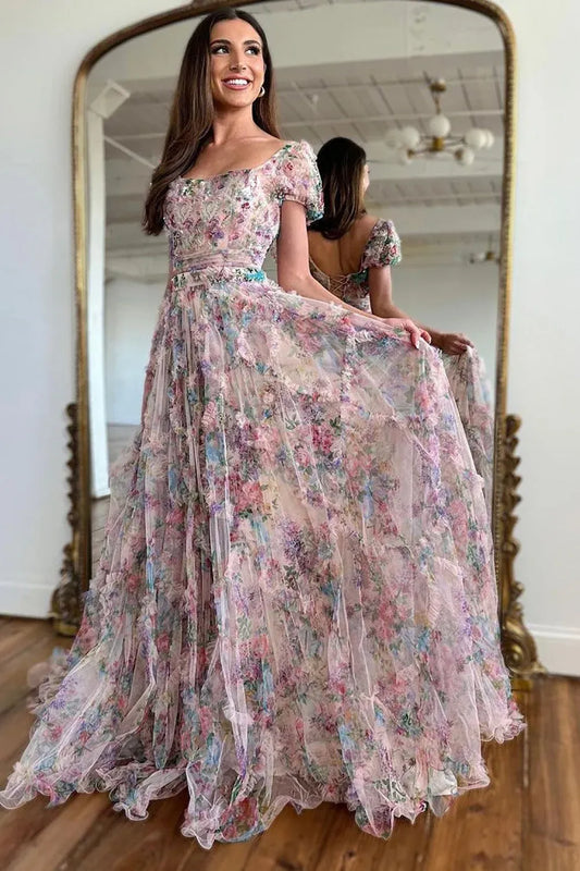 Loverlm pastel floral tulle A-line prom dress with a scoop neckline, short puff sleeves and a full flowing skirt.