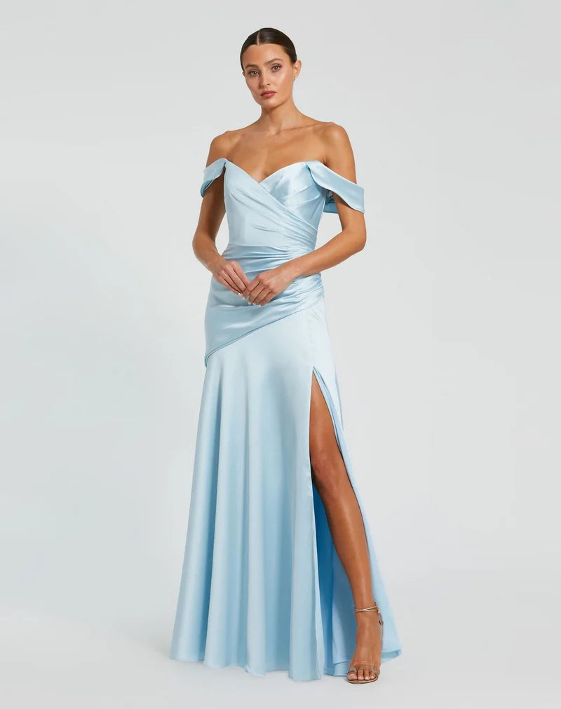 Loverlm French blue sweetheart off-shoulder satin bridesmaid dress with high slit front view