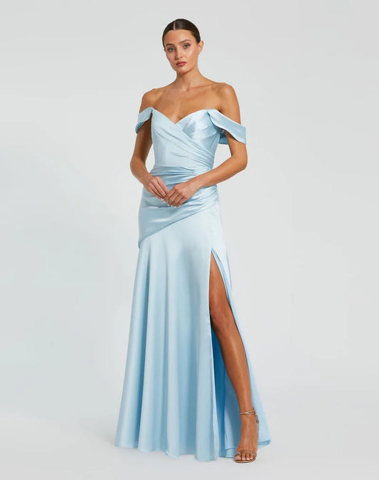 Loverlm French blue sweetheart off-shoulder satin bridesmaid dress with high slit front view