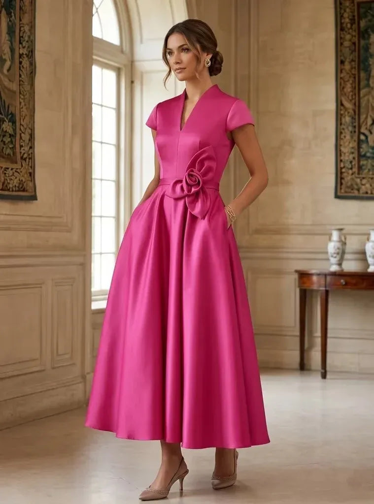 Loverlm fuchsia V-neck floral waist A-line wedding guest dress front view