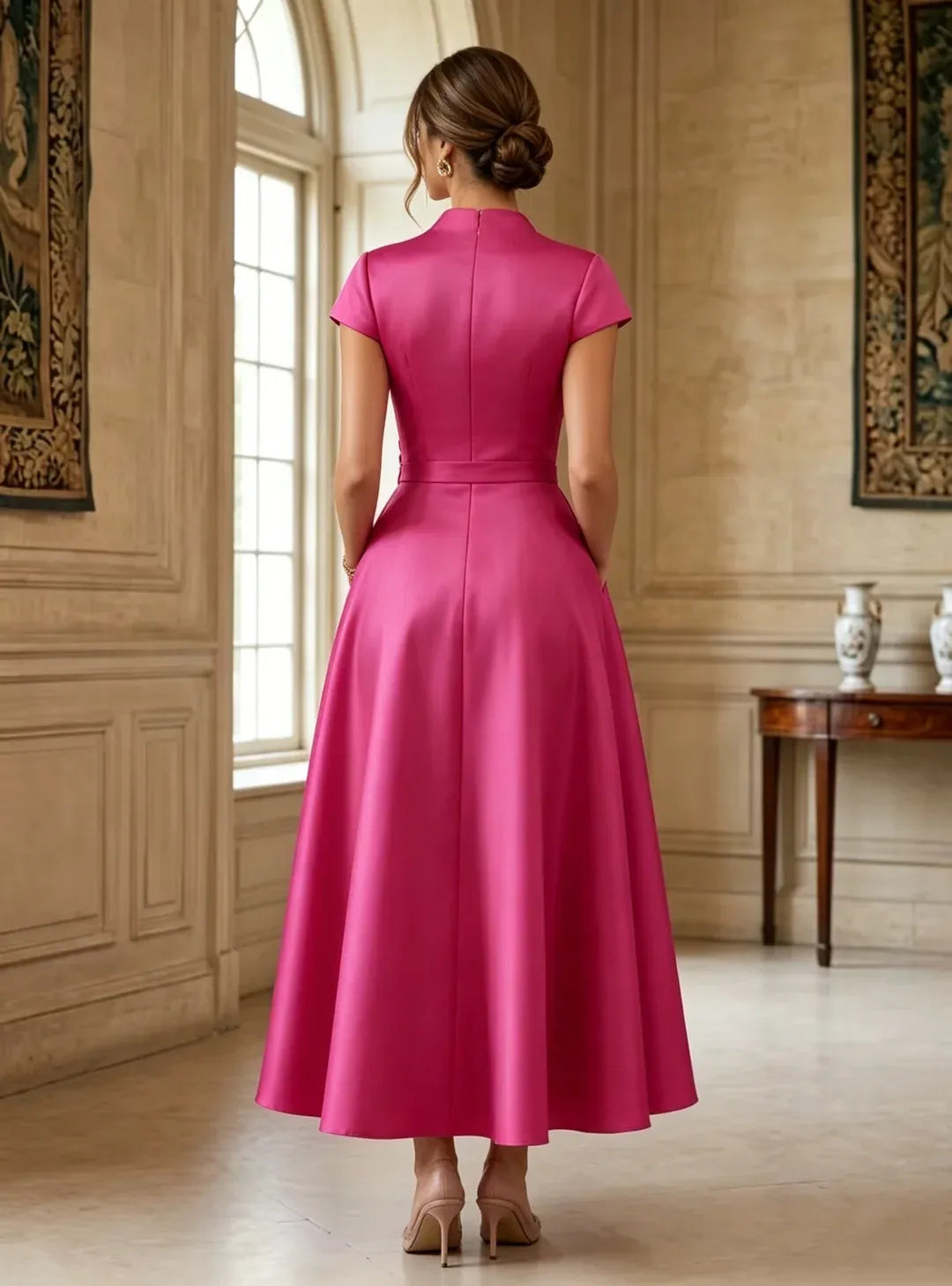 Elegant A-Line V-Neck Cap Sleeve Zipper Back Tea-Length Wedding Guest Dress