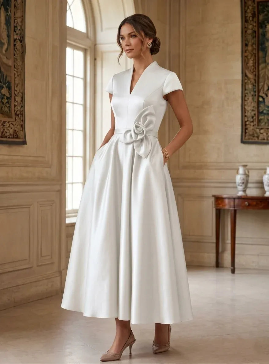 Elegant A-Line V-Neck Cap Sleeve Zipper Back Tea-Length Wedding Guest Dress