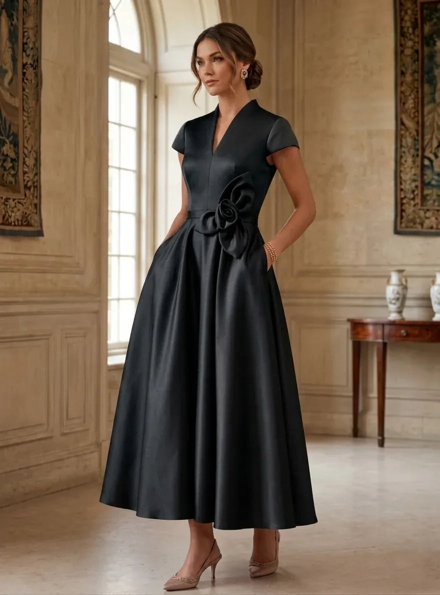 Elegant A-Line V-Neck Cap Sleeve Zipper Back Tea-Length Wedding Guest Dress