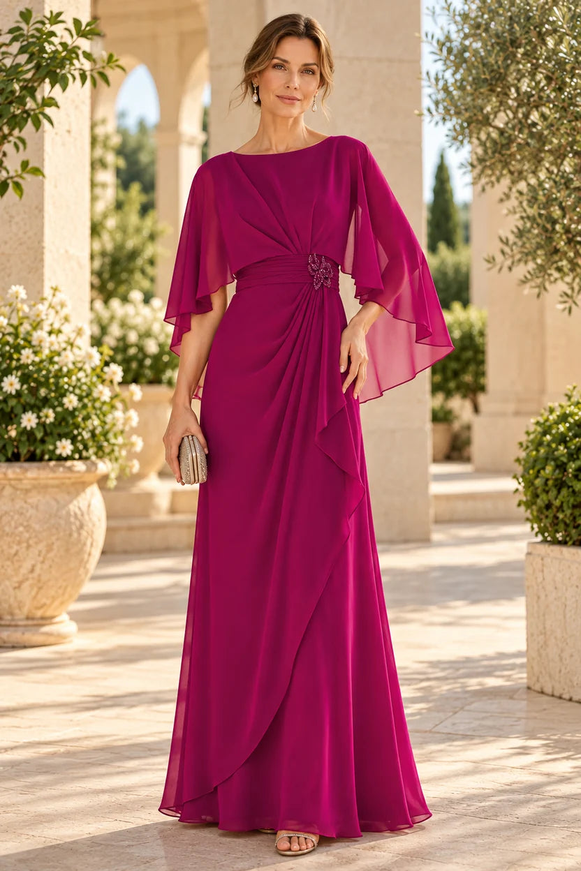 Loverlm fuchsia Mother of the Bride dress with boat neckline, sheer chiffon cape sleeves, ruched waist and beaded floral accent front view