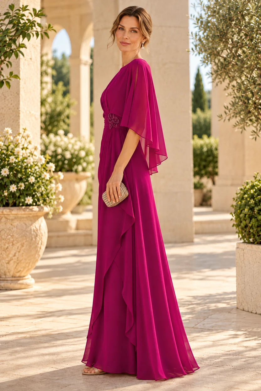 Elegant A-Line Boat Neck Cape Sleeve Chiffon Mother of the Bride Dress