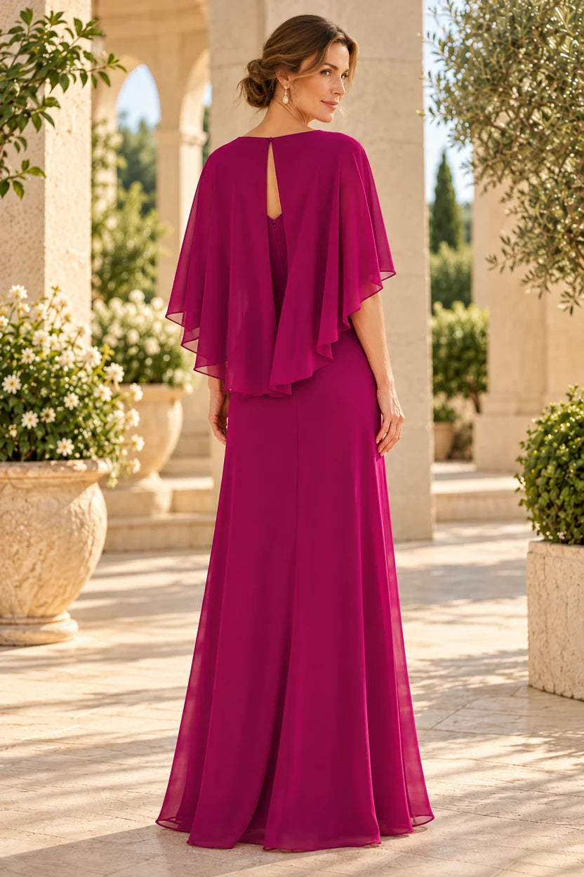 Elegant A-Line Boat Neck Cape Sleeve Chiffon Mother of the Bride Dress