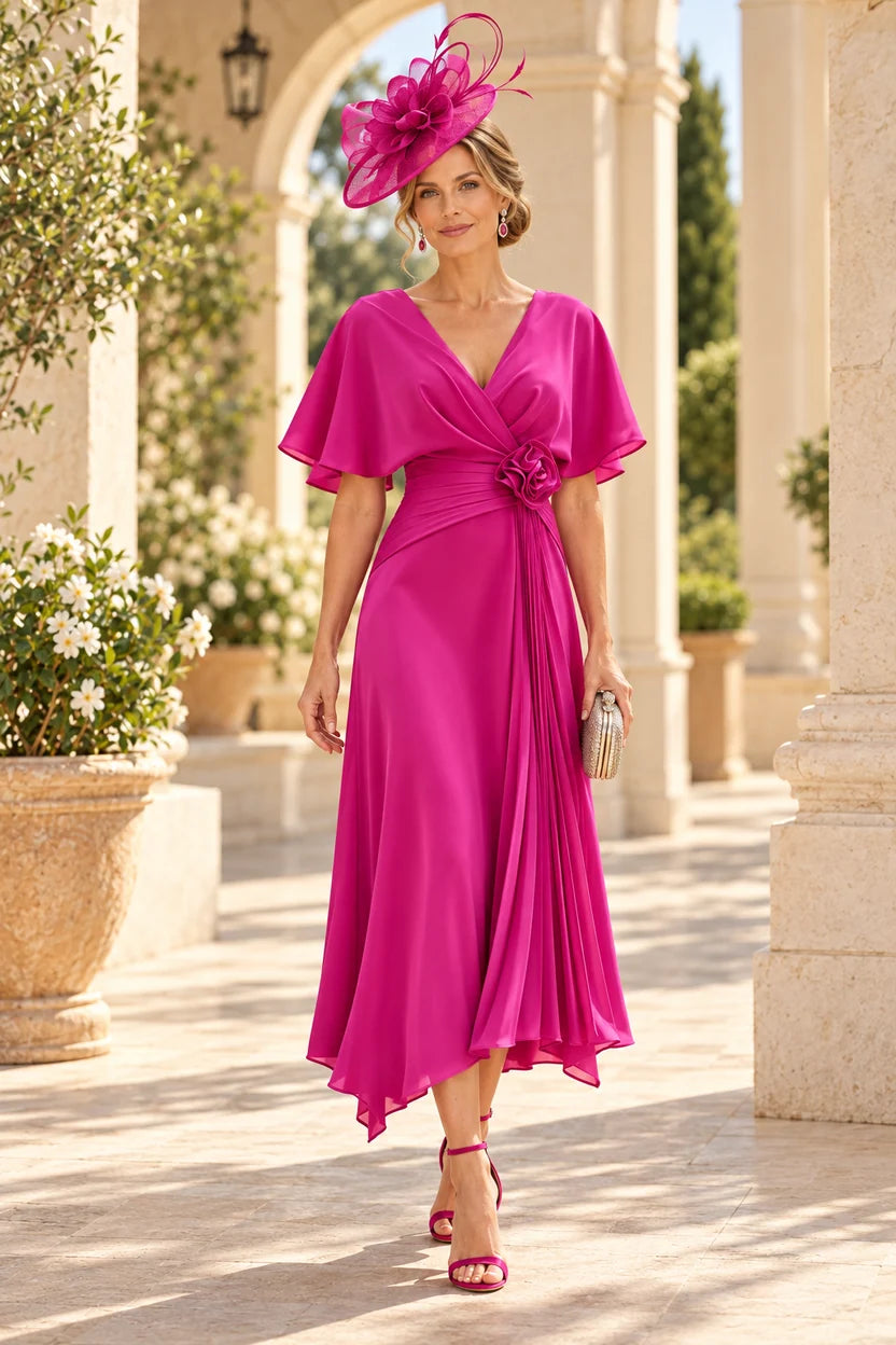 Loverlm fuchsia Mother of the Bride midi dress with surplice V-neck, flutter sleeves, ruched waist and floral rosette front view