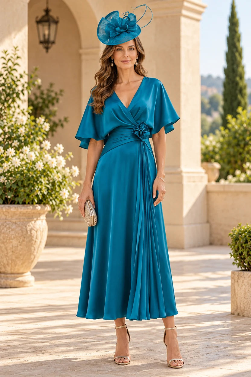Elegant A-Line V-Neck Flutter Sleeve Chiffon Midi Mother of the Bride Dress