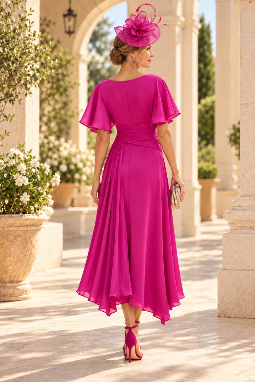 Elegant A-Line V-Neck Flutter Sleeve Chiffon Midi Mother of the Bride Dress