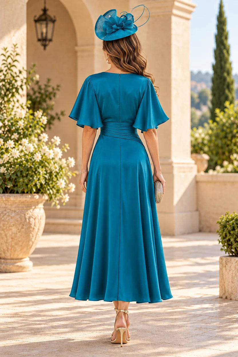 Elegant A-Line V-Neck Flutter Sleeve Chiffon Midi Mother of the Bride Dress