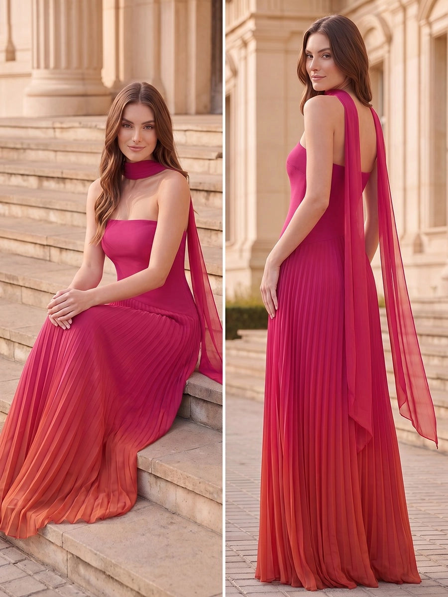 Striking Ombre Chiffon A-Line Strapless Sleeveless Open Back Pleated Floor-Length Prom Dress
