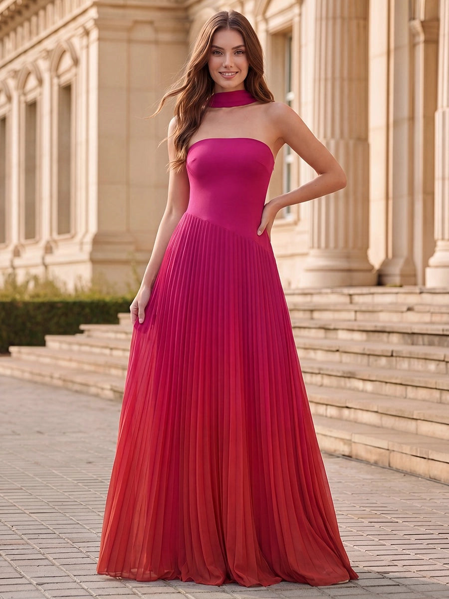 Striking Ombre Chiffon A-Line Strapless Sleeveless Open Back Pleated Floor-Length Prom Dress