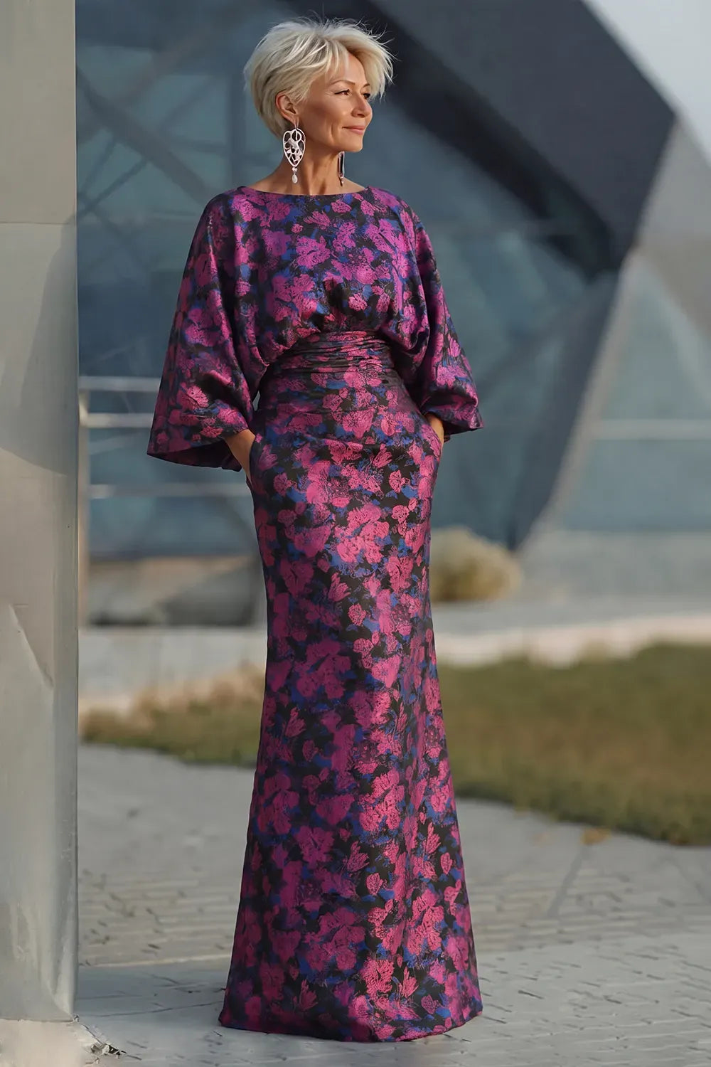 Loverlm fuchsia floral mother of the bride dress with bateau neckline, wide sleeves, ruched waist and floor length mermaid skirt front view