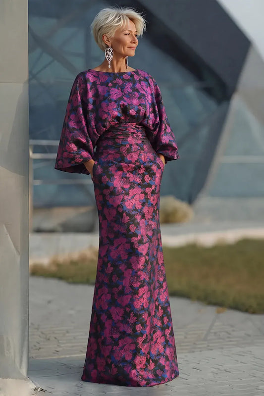 Loverlm fuchsia floral mother of the bride dress with bateau neckline, wide sleeves, ruched waist and floor length mermaid skirt front view