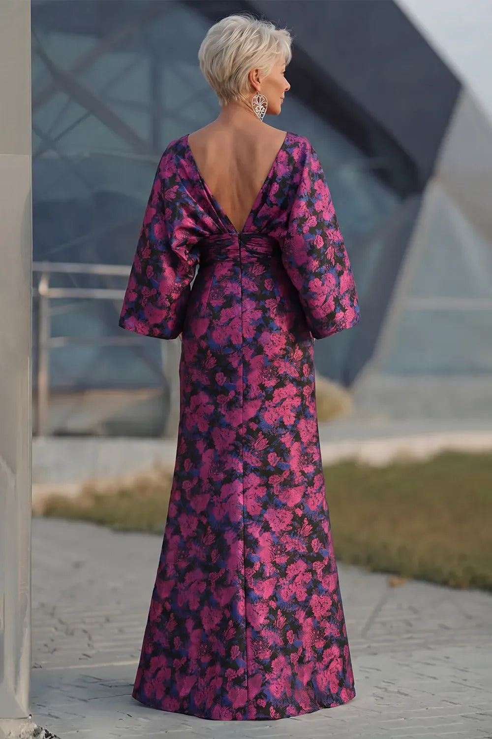 Elegant Mermaid Bateau Neck Wide Sleeve V Back Maxi Mother of the Bride Dress