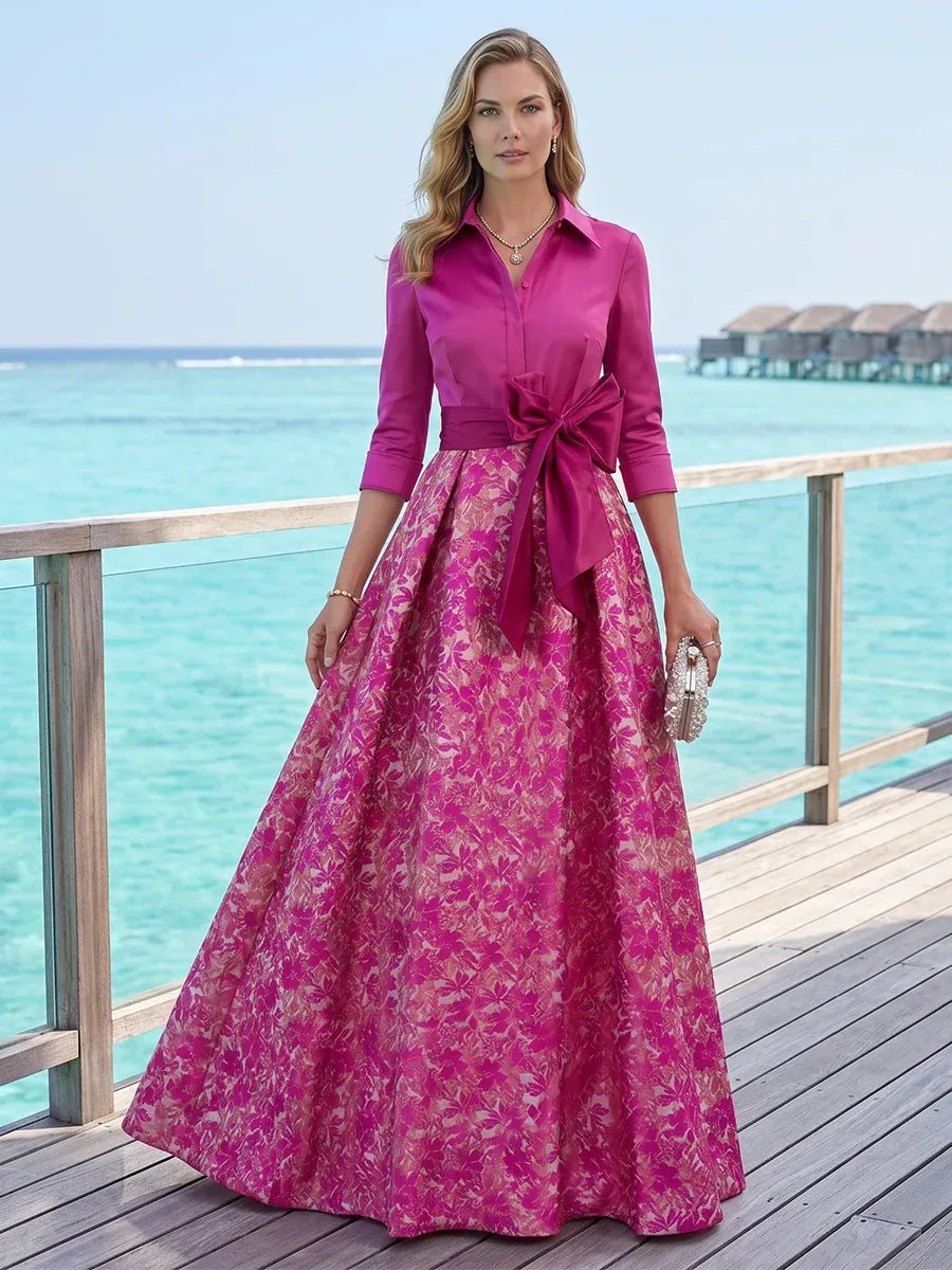 Loverlm fuchsia floral mother of the bride dress front view with shirt collar, three-quarter sleeves, waist bow and floor-length A-line skirt