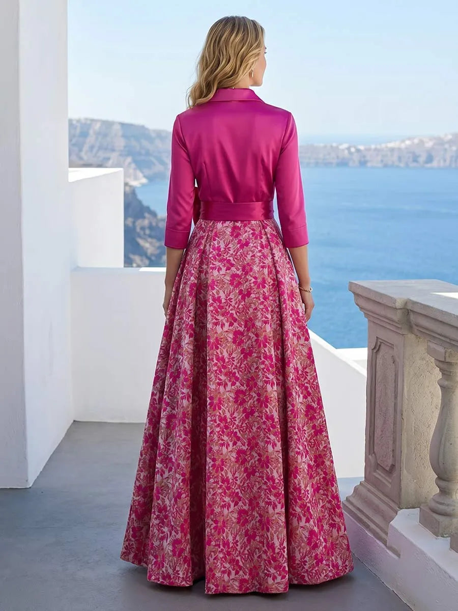 Elegant A-Line Collared Three-Quarter Sleeve Closed Back Maxi Mother of the Bride Dress