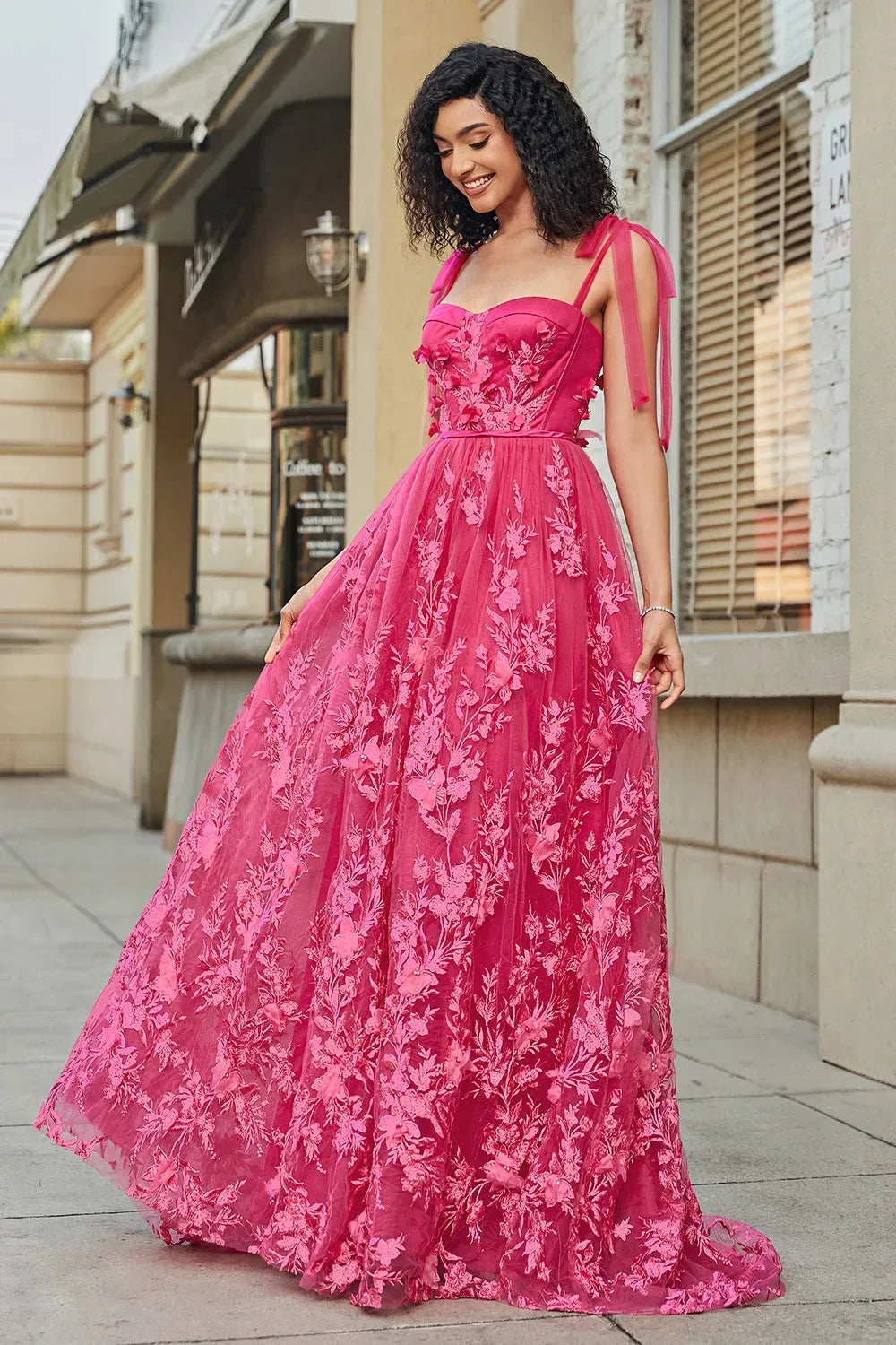 Loverlm fuchsia floral A-line prom dress with sweetheart neckline, bow shoulder straps, embroidered bodice and flowing floor-length tulle skirt