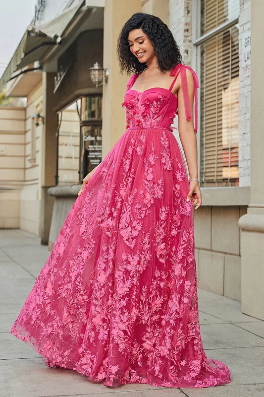 Loverlm fuchsia floral A-line prom dress with sweetheart neckline, bow shoulder straps, embroidered bodice and flowing floor-length tulle skirt