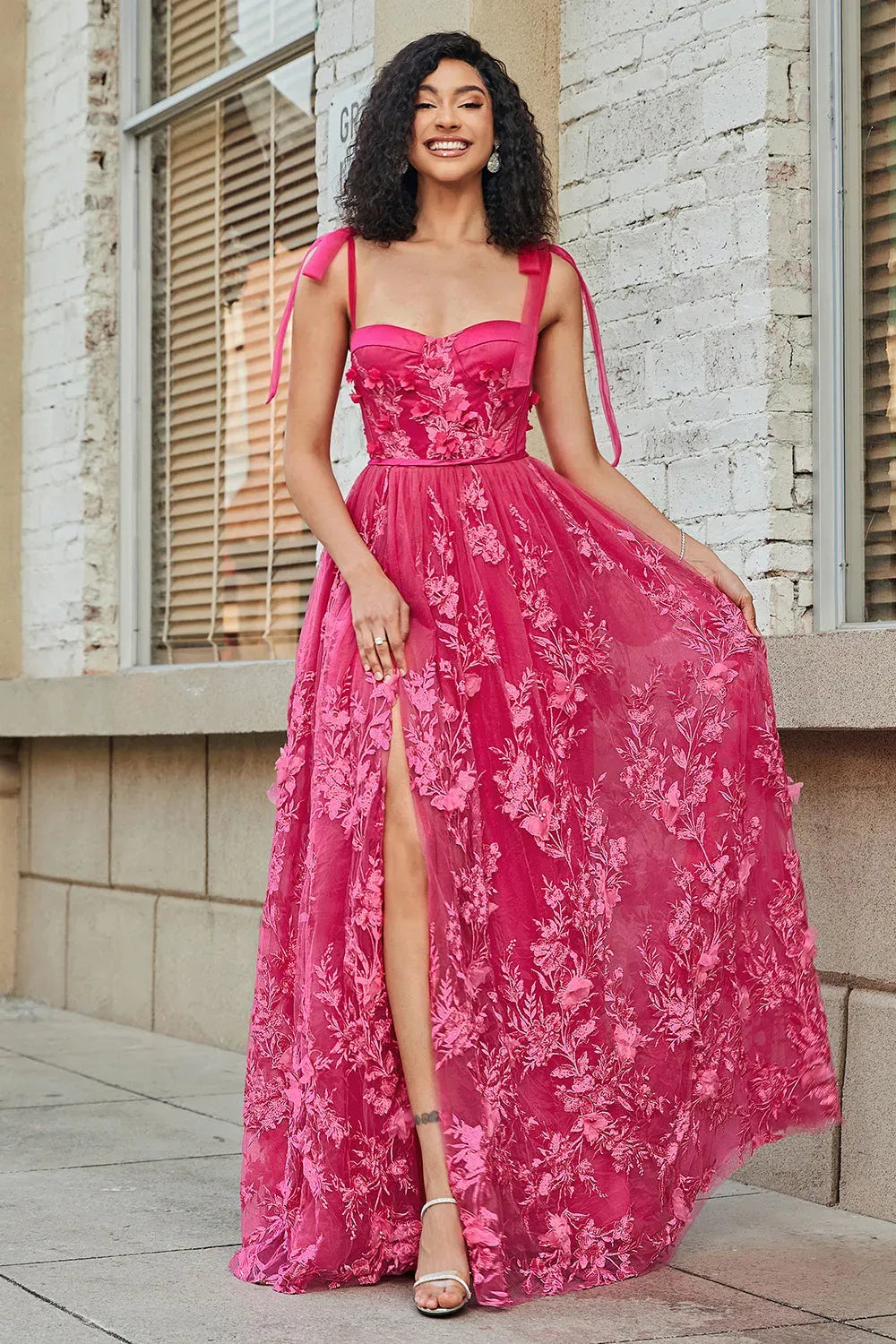 Romantic A-Line Sweetheart Sleeveless Lace-Up Back Floral Floor-Length Fuchsia Prom Dress