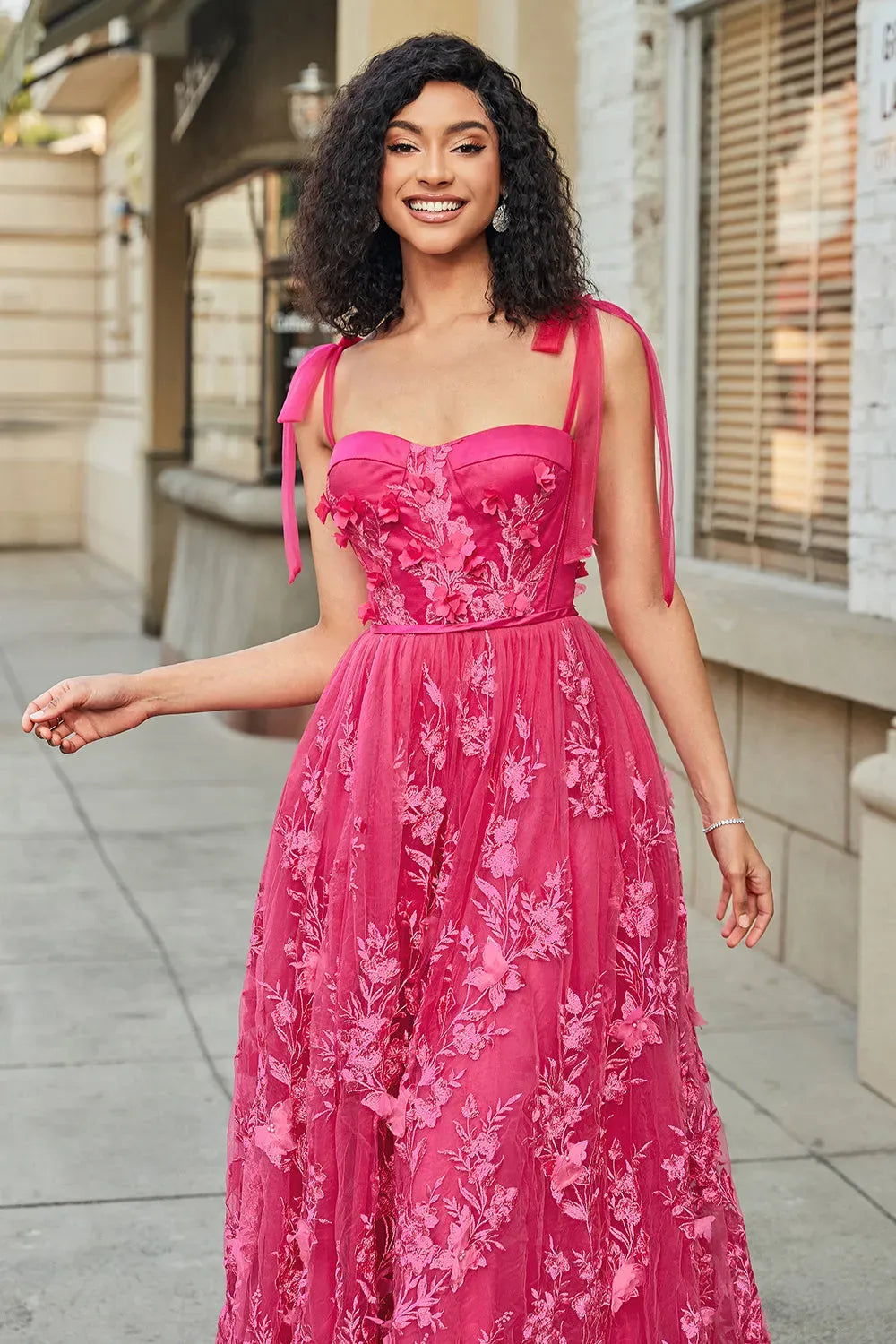 Romantic A-Line Sweetheart Sleeveless Lace-Up Back Floral Floor-Length Fuchsia Prom Dress