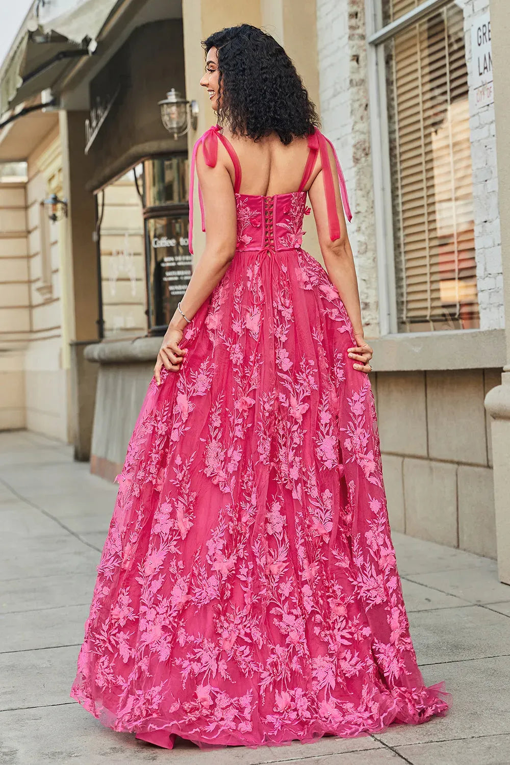 Romantic A-Line Sweetheart Sleeveless Lace-Up Back Floral Floor-Length Fuchsia Prom Dress