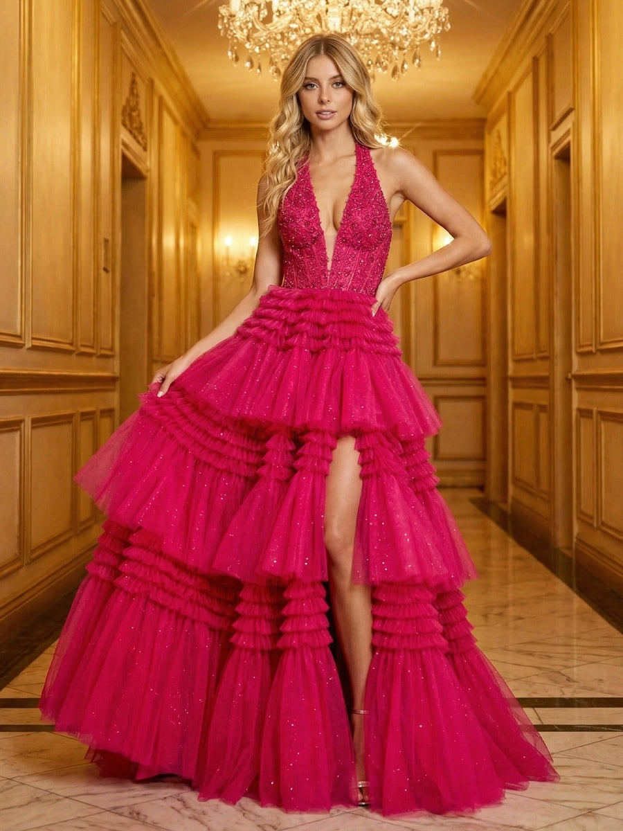 Loverlm fuchsia glitter tulle halter V-neck tiered ruffle floor-length prom dress front view