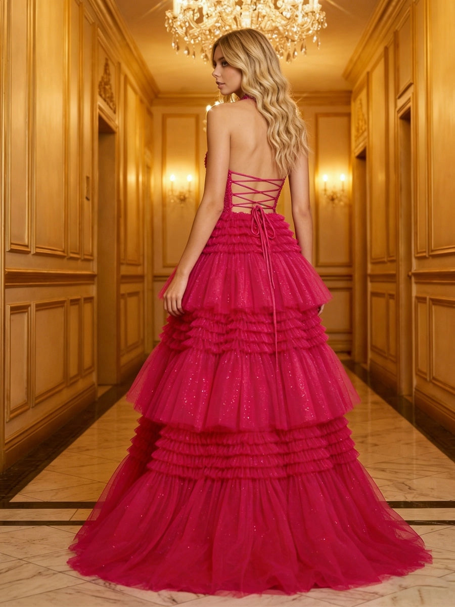 Dramatic A-Line V-Neck Sleeveless Lace-Up Tiered Floor-Length Prom Dress
