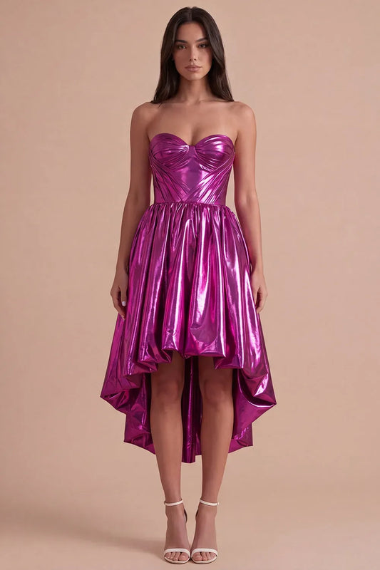 Loverlm fuchsia metallic homecoming dress front view with strapless sweetheart neckline, pleated corset-style bodice and high-low skirt