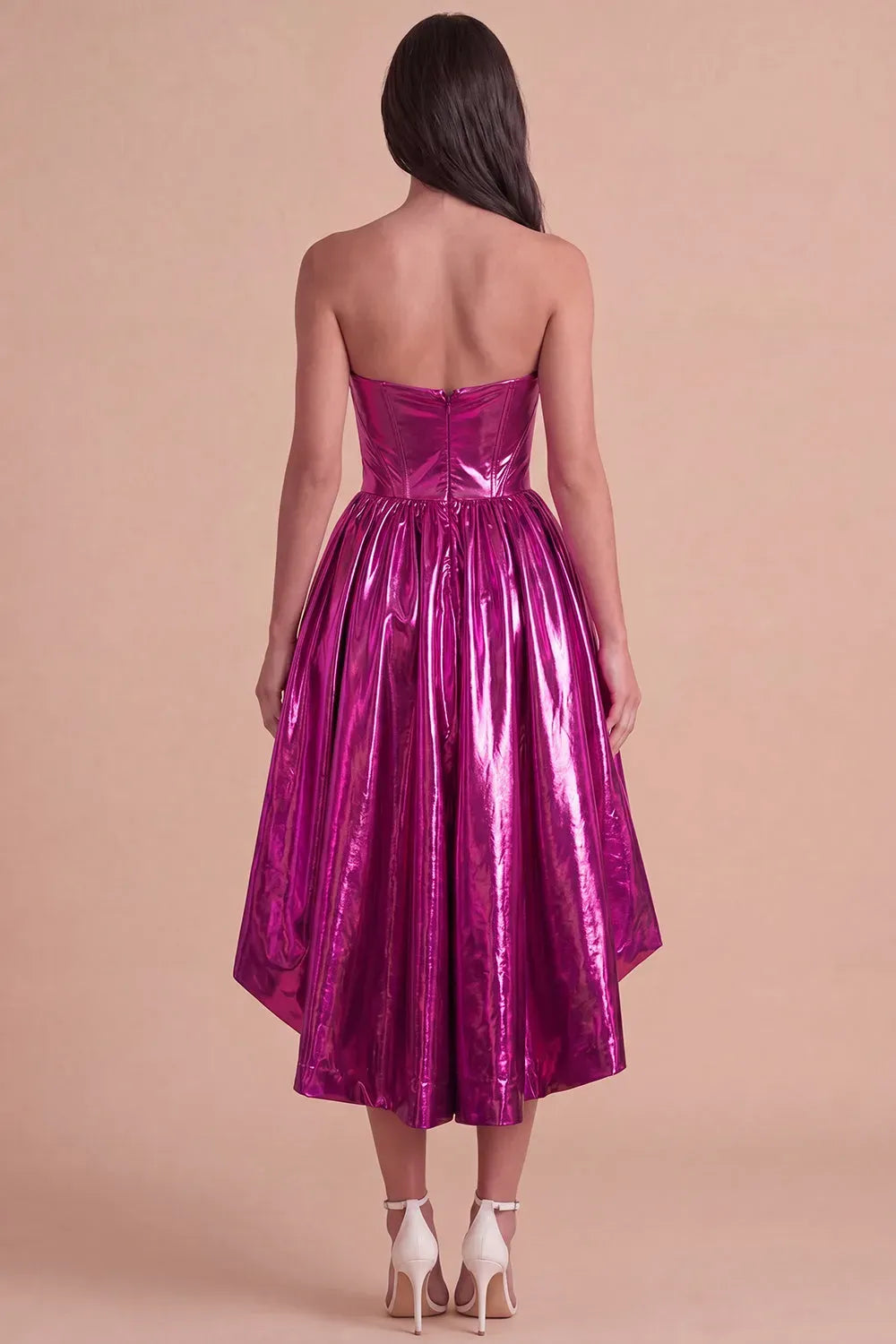 Glamorous Metallic Strapless Sweetheart Zipper Back High Low Homecoming Dress