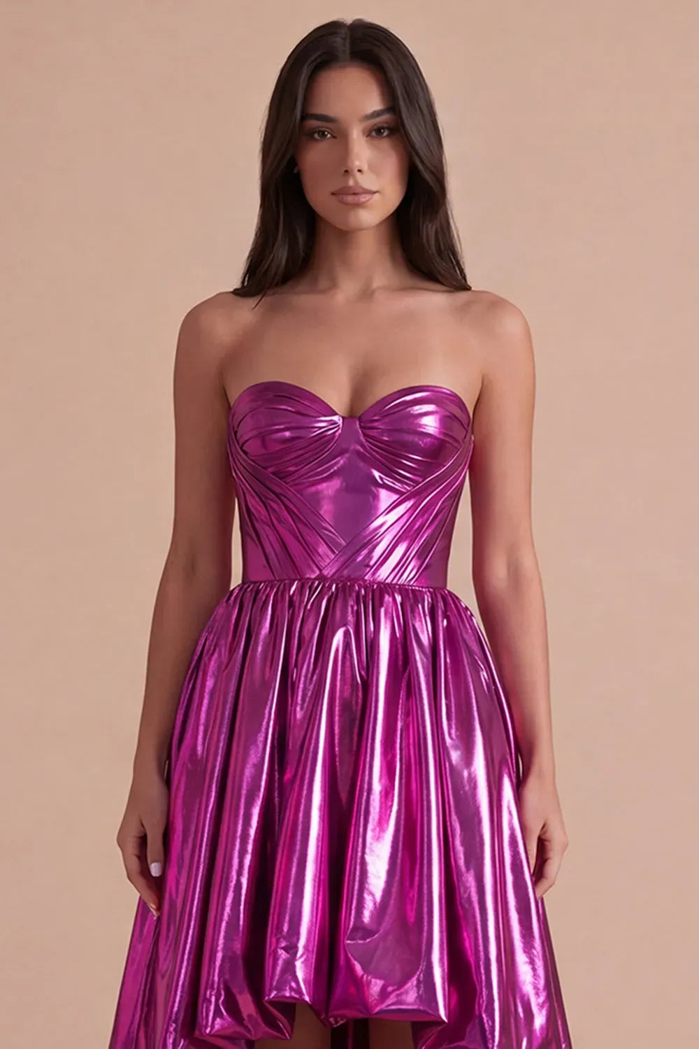 Glamorous Metallic Strapless Sweetheart Zipper Back High Low Homecoming Dress